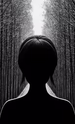 a person standing in front of a forest of trees