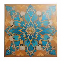 a painting is shown with the light orange background,a painting with an abstract, yellow and blue flower