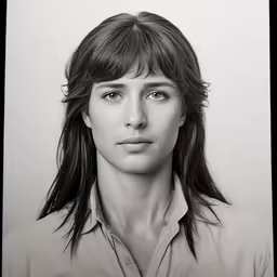 a black and white photo of a woman with long hair