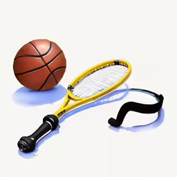 an orange and black tennis racket some balls and a string