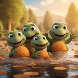 four frogs are looking at the same camera while sitting on a rock in a pond