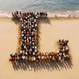 a group of people with the letter j written in the sand