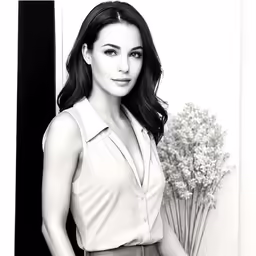 a woman wearing a shirt standing next to a window