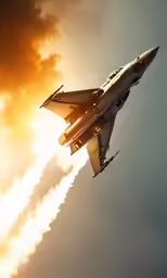 a fighter jet flying through a cloudy sky