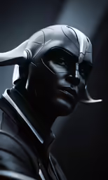 a man in black leather gear with horns on