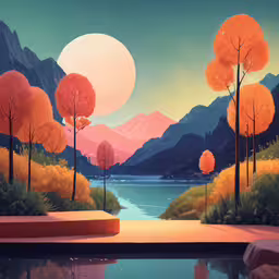 painting of forest landscape with pond and mountains,a painting with a lake surrounded by trees and hills