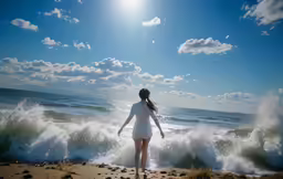 a girl is standing on a beach with the waves crashing over her