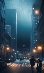 people crossing the street at night in a city