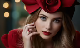 a woman with blonde hair wearing a red rose hat