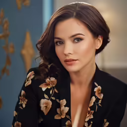 a woman in black jacket next to a blue wall
