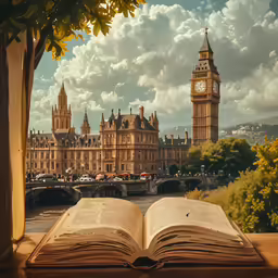 an open book sitting next to a tree with the tower of big ben in the background