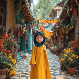 little girl in yellow robe and scarf posing for photograph