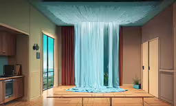 a photo of a kitchen with the curtains pulled back,a room with a curtain made to look like an waterfall
