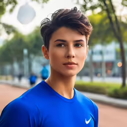 a close up of a person wearing a blue shirt