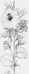 a plant that has very large flowers on it,a sketch of a flower with two leaves