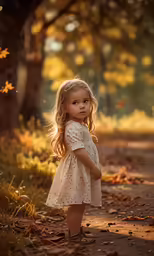 the little girl is standing on the dirt road in the woods