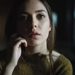 woman looking to the side with dark background