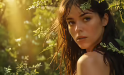 a pretty young woman standing by some trees