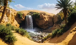 a painting of a landscape with a river, a waterfall and two palm trees