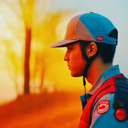 a man wearing a blue and grey cap is looking out at the sunset