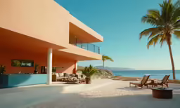 there are lounge chairs on the sand by the ocean