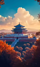 the clouds are over an ornate temple in autumn