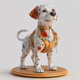an artful dog statue is dressed in some unique clothes
