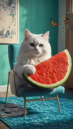 a cat holding a watermelon slice in its paw