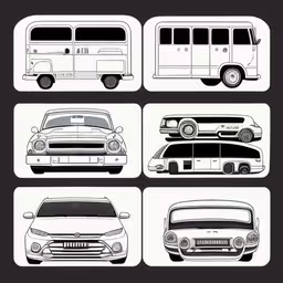 four different types of cars with their hood down,four cars and buses in black and white