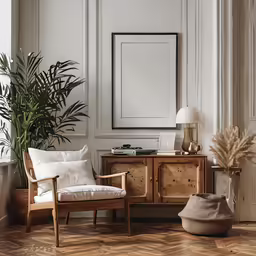 a wooden table sitting next to a white chair on top of a hard wood floor