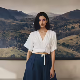 a model poses by a mountain backdrop with high heels