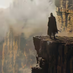 a person standing on the edge of a cliff with fog,a man standing on a cliff looking into the distance