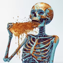 a skeleton with brown splattered food in his mouth