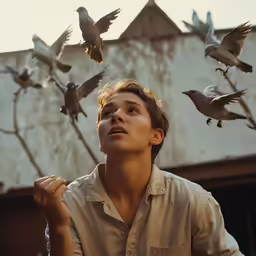 a man standing in front of many birds on a building