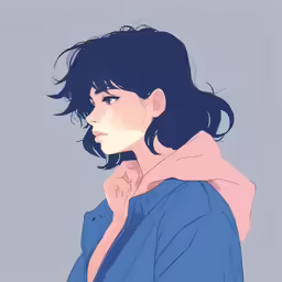 a young woman in blue coat and pink scarf