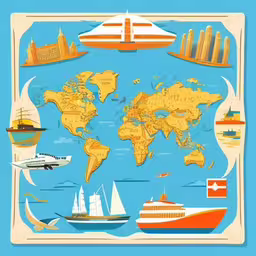 a map with ships and a ship on the world map,a poster of a world map with cruise ships on it