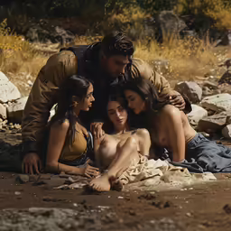 three beautiful women sitting next to each other near rocks