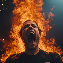 a man is screaming while on fire and there is another person standing