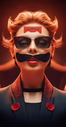 a person with a fake mustache with a woman with red lipstick and dark glasses