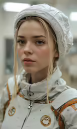 a woman in a white jacket and cap poses for the camera