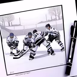 a painting of three ice hockey players in various positions,a drawing of three hockey players in action on the ice