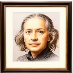 the painting has a frame that holds a photo