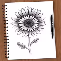 drawing of a sunflower in pencil on paper,a drawing of a sunflower on paper