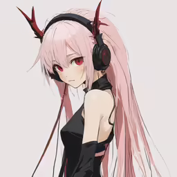 a young girl in a black outfit with pink hair