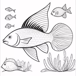 a line drawing of several sea animals, such as fish and corals