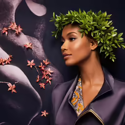 a young woman is wearing a floral head piece