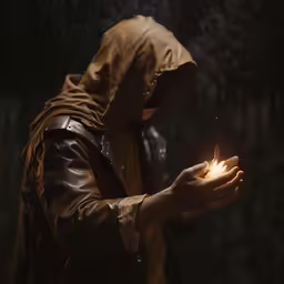 man holding a fire in his hands under hooded brown sweatshirt