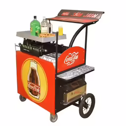 a soda cola machine with a tray of drinks on the top of it