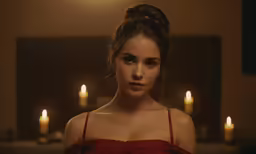 a woman in red dress staring towards the camera