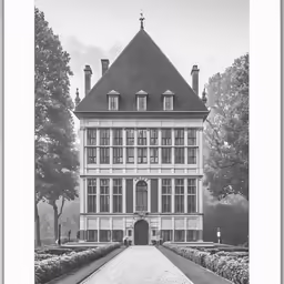 the photo is black and white of an old house